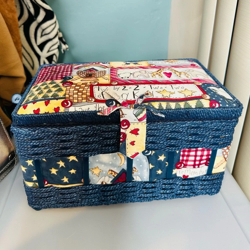 Vintage Blue Wicker Sewing Basket Noah’s Arc Fabric Lid Patchwork Design